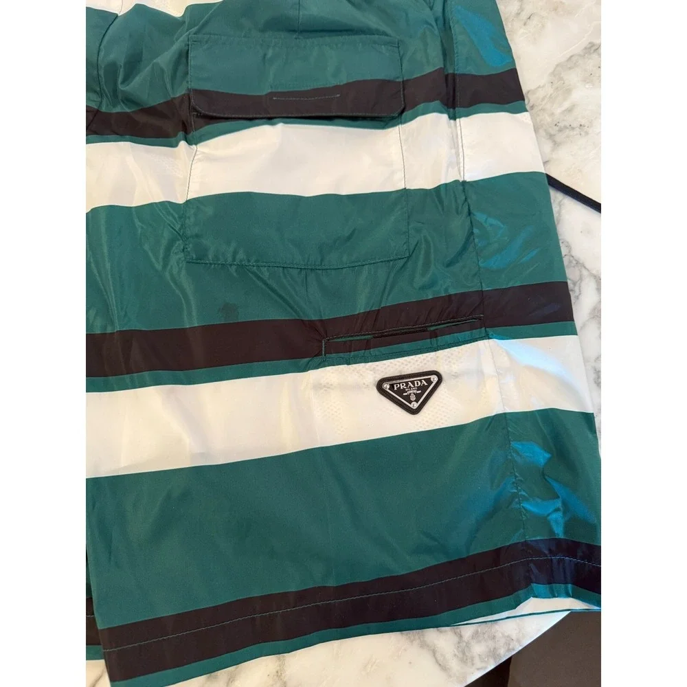 PRADA UB334 Men's Strip‎ Boxer Baiadera Nylon Green Swim Suit Sz. 46- 32